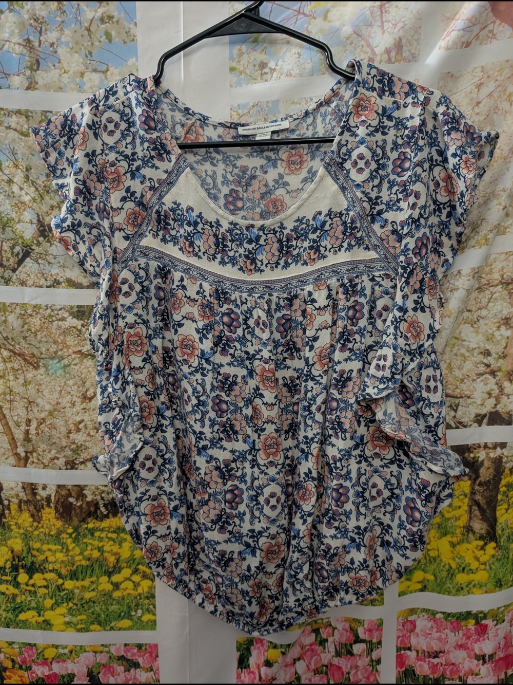 American Eagle Outfitters Floral Cap-Sleeve Blouse - Blue & Pink